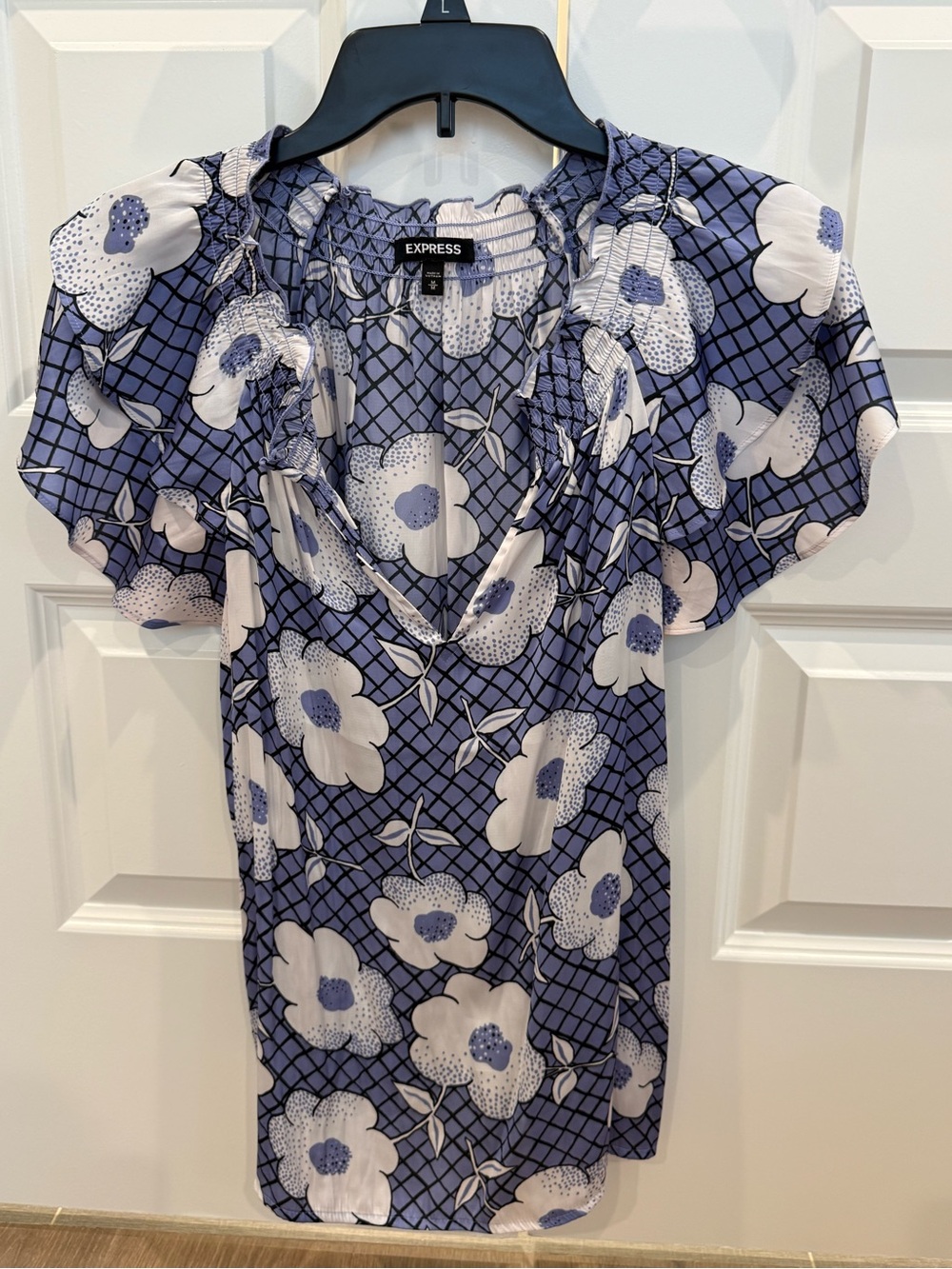 Express Blue and White Floral V-Neck Blouse